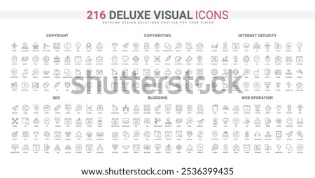 SEO filters and hosting, copyright of author content, calendar and pen for blog posts and blogging line icon set. Web operation and copywriting thin black and red outline symbols vector illustration