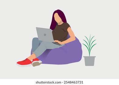 SEO flat character cartoon illustration and a woman sits on a purple pillow with a laptop.