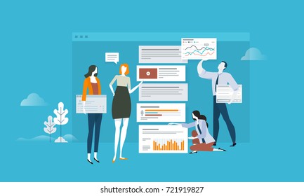 SEO. Flat design concept for web analytics, app update and optimization. Vector illustration concept for web banner, business presentation, advertising material.