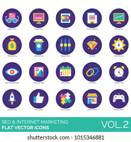 SEO flat icons. Readability check, keyword density, ab testing, affiliate marketing, branding, campaign launch, optimization, link building, social integration, game development, promotion vector icon