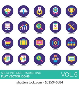SEO flat icons. Storage, cloud, location, badge, award, hosting, benchmark, keyword, report, tools, retail, portfolio, coding, sitemap, robot, content, organic search, social, landing page icon.