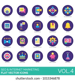 SEO flat icons. Web development, social, mobile marketing, network, backlink building, remarketing, reputation management, case study, press release, conversion, target audience, roi, pr vector icon.