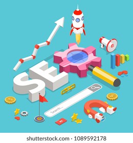 SEO. Flat Isometric Vector Concept Of Search Engine Optimization.