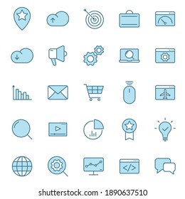 Seo flat vector icons in two colors isolated on white background. Seo blue icon set for web design, ui, mobile apps and print