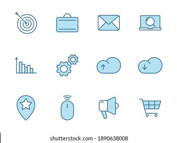 Seo flat vector icons in two colors isolated on white background. Seo blue icon set for web design, ui, mobile apps and print