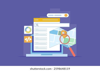 SEO friendly code writing concept for websites, Website code, Search engine optimization strategies for organic ranking. Website ranking on search results, flat illustration in the background.
