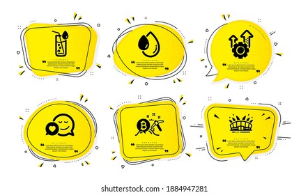 Seo gear, Bitcoin mining and Oil drop icons simple set. Yellow speech bubbles with dotwork effect. Water glass, Dating and Arena stadium signs. Cogwheel, Cryptocurrency pickaxe, Serum. Vector