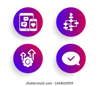 Seo gear, Block diagram and Social media icons simple set. Halftone dots button. Approved message sign. Cogwheel, Algorithm path, Mobile devices. Accepted chat. Business set. Vector