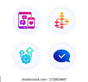 Seo gear, Block diagram and Social media icons simple set. Button with halftone dots. Approved message sign. Cogwheel, Algorithm path, Mobile devices. Accepted chat. Business set. Vector