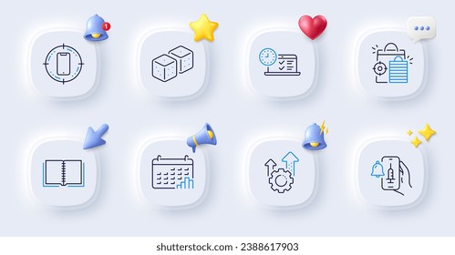 Seo gear, Calendar graph and Dice line icons. Buttons with 3d bell, chat speech, cursor. Pack of Smartphone target, Seo shopping, Online test icon. Book, Vaccine announcement pictogram. Vector