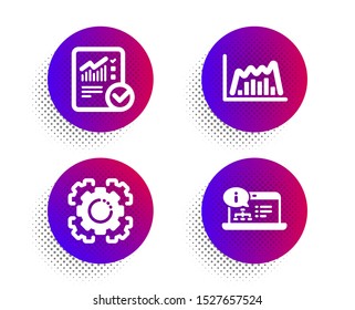 Seo gear, Checked calculation and Infographic graph icons simple set. Halftone dots button. Online documentation sign. Cogwheel, Statistical data, Line diagram. Web engineering. Science set. Vector