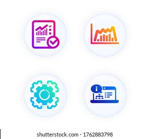 Seo gear, Checked calculation and Infographic graph icons simple set. Button with halftone dots. Online documentation sign. Cogwheel, Statistical data, Line diagram. Web engineering. Vector