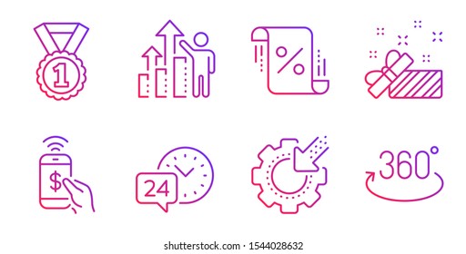 Seo gear, Employee results and Present line icons set. 24h service, Loan percent and Phone payment signs. Best rank, Full rotation symbols. Cogwheel, Chart. Business set. Vector