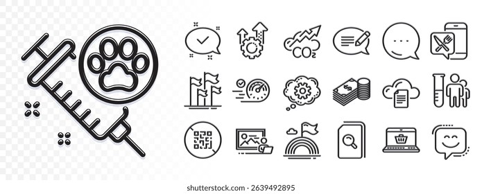 Seo gear, Flags and Speedometer line icons for web app. Glare of light effect. Message icon. Pack of Food app, Message, Search files pictogram icons. Vector