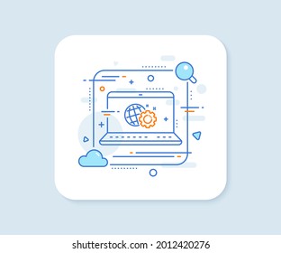Seo gear line icon. Abstract vector button. Internet settings sign. Traffic management symbol. Seo gear line icon. Laptop concept badge. Vector