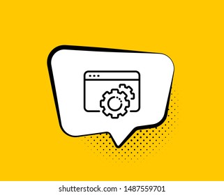 Seo gear line icon. Comic speech bubble. Web settings sign. Traffic management symbol. Yellow background with chat bubble. Seo gear icon. Colorful banner. Vector