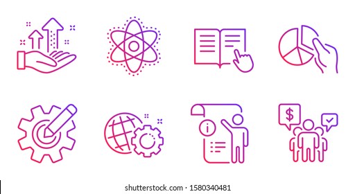 Seo gear, Read instruction and Manual doc line icons set. Cogwheel, Chemistry atom and Pie chart signs. Analysis graph, Teamwork symbols. Web settings, Opened book. Science set. Vector