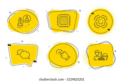 Seo gear, Startup and Cleaning service signs. Chat bubbles. Cpu processor, Rotation gesture and Messenger line icons set. Computer component, Undo, Speech bubble. Cogwheel. Business set. Vector