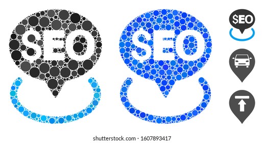 Seo geotargeting mosaic of small circles in different sizes and color tinges, based on seo geotargeting icon. Vector circle elements are grouped into blue mosaic.