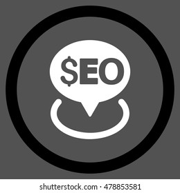 Seo Geotargeting vector bicolor rounded icon. Image style is a flat icon symbol inside a circle, black and white colors, gray background.