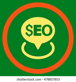 Seo Geotargeting vector bicolor rounded icon. Image style is a flat icon symbol inside a circle, orange and yellow colors, green background.