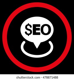 Seo Geotargeting vector bicolor rounded icon. Image style is a flat icon symbol inside a circle, red and white colors, black background.