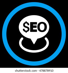 Seo Geotargeting vector bicolor rounded icon. Image style is a flat icon symbol inside a circle, blue and white colors, black background.