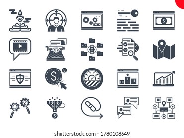 SEO Glyph Icons Set. SEO Related Vector Glyph Icons. Website and APP Design and Development. Simple Solid Pictogram Pack. Stroke Vector Logo Concept, Web Graphic. Vector icons.