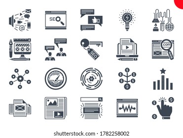 SEO Glyph Icons Set. SEO Related Vector Glyph Icons. Website and APP Design and Development. Simple Solid Pictogram Pack. Stroke Vector Logo Concept, Web Graphic. Vector icons.