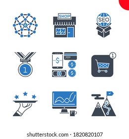SEO Glyph Icons Set. SEO Related Vector Glyph Icons. Strategy for victory, dashboard, premium services, order, network, payment method, award, store, services packages