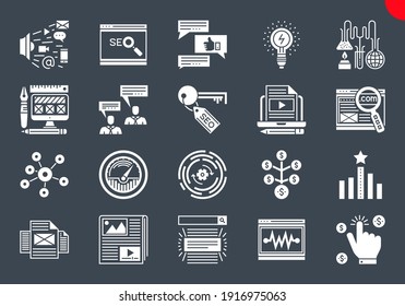 SEO Glyph Icons Set. SEO Related Vector Glyph Icons. Website and APP Design and Development. Simple Glyph Pictogram Pack. Stroke Vector Logo Concept, Web Graphic. Vector icons.