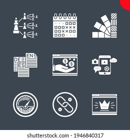 SEO Glyph Icons Set. Search engine optimization Related Vector Line Icons. Page quality, traffic, income, mobile seo, links, language, colors, events calendar, viral marketing.