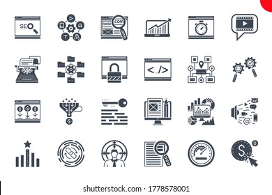 Seo Glyph Related Icons Set on White Background. Simple Solid Pictogram Pack Stroke Vector Logo Concept for Web Graphics. 