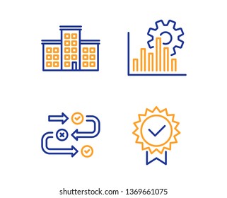 Seo graph, Company and Survey progress icons simple set. Certificate sign. Analytics chart, Building, Algorithm. Verified award. Technology set. Linear seo graph icon. Colorful design set. Vector