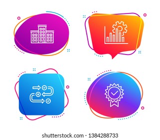 Seo graph, Company and Survey progress icons simple set. Certificate sign. Analytics chart, Building, Algorithm. Verified award. Technology set. Speech bubble seo graph icon. Vector