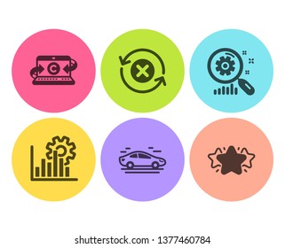 Seo graph, Copywriting notebook and Search statistics icons simple set. Car, Reject refresh and Star signs. Analytics chart, Writer laptop. Technology set. Flat seo graph icon. Circle button. Vector