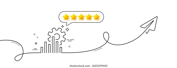Seo graph line icon. Continuous line with share plane. Search engine optimization sign. Analytics symbol. Five star rate review in speech bubble. Seo graph single line ribbon. Vector