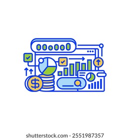 SEO Graph with Upward Arrow Icon. linear style sign for mobile concept and web design. Outline vector icon. Symbol, logo illustration. Vector graphic