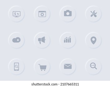 seleccione iconos vectoriales grises en botones de goma redondos. conjunto de iconos seo para web, aplicaciones móviles, diseño ui y poligrafía de negocio de promoción