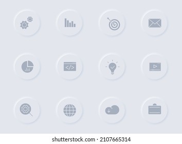 seleccione iconos vectoriales grises en botones de goma redondos. conjunto de iconos seo para web, aplicaciones móviles, diseño ui y poligrafía de negocio de promoción
