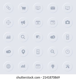 seo gray vector icons on round rubber buttons. seo icon set for web, mobile apps, ui design and promo business polygraphy