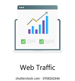 Seo growth chart inside webpage, web traffic flat gradient concept icon