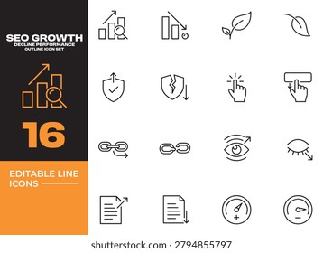 SEO growth decline performance icon set representing search ranking analytics optimization strategies and website performance tracking tools.