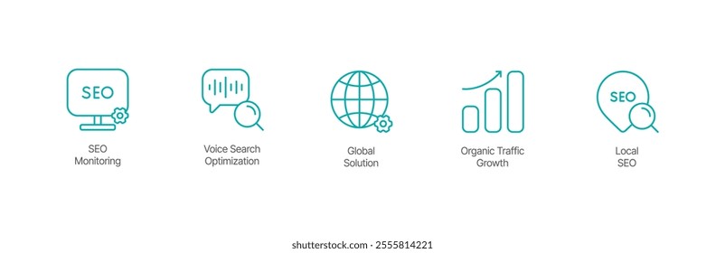 SEO and Growth Icon Set – SEO Monitoring, Voice Search Optimization, Global Solution, Organic Traffic Growth, and Local SEO Design