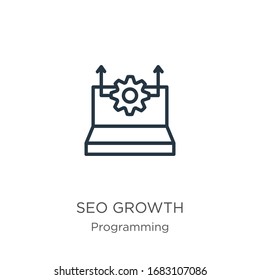 Icono de crecimiento Seo. Icono de esquema de crecimiento lineal delgado aislado en fondo blanco de la colección de programación. Signo vectorial de línea, símbolo para web y móvil