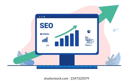 SEO growth - Vector illustration of computer with search engine optimisation graph showing increase, and green arrow pointing up. Flat design with white background