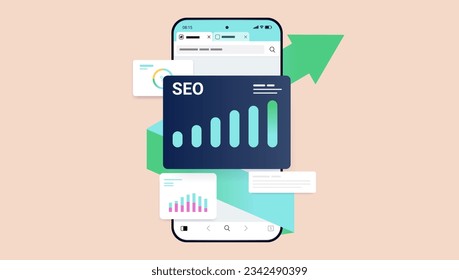 SEO growth - Vector illustration of phone with chars and diagram showing search engine optimisation increase and success. Flat design