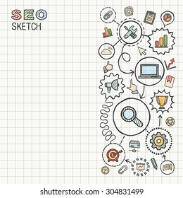 SEO hand draw integrated icons set on paper. Colorful vector sketch infographic illustration. Connected doodle pictograms: marketing, network, analytic, technology, optimize, interactive concept
