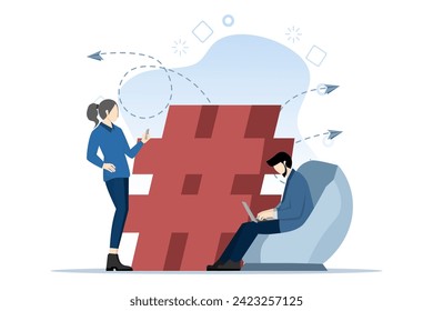 Concepto de la Ilustración del Vector Hashtag de SEO Mostrando cómo se han planeado las palabras clave de las etiquetas para un SEO bueno, Grupo de personas con icono de etiqueta, concepto de marketing de medios sociales. ilustración vectorial plana.