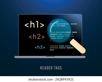 SEO header tags concept, website structure optimization, header tag hierarchy, on-page SEO, HTML tags, search engine optimization strategy, content organization. Vector illustration